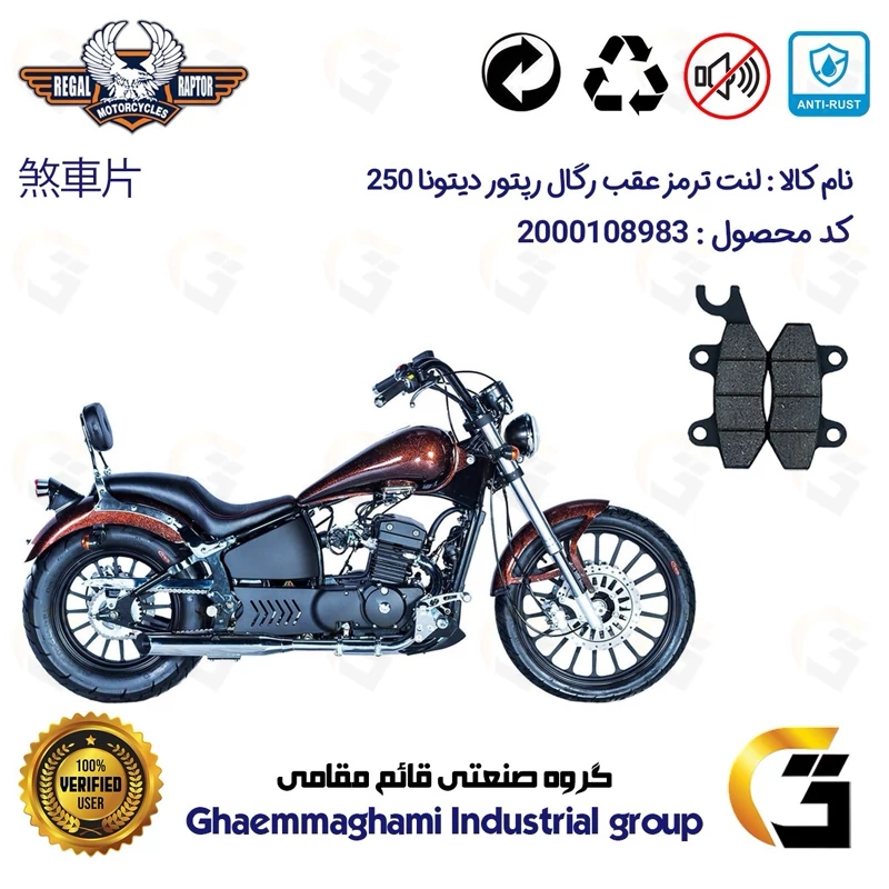 لنت دیسکی ترمز عقب موتور سیکلت کد 1009 مناسب برای رگال رپتور دیتونا 250 REGAL RAPTOR DAYTONA 249