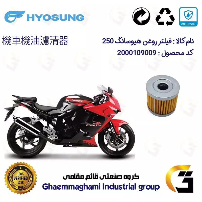 فیلتر روغن موتورسیکلت کد 104 مناسب برای هیوسانگ جی تی آر HYOSUNG GTR 250 کویر موتور