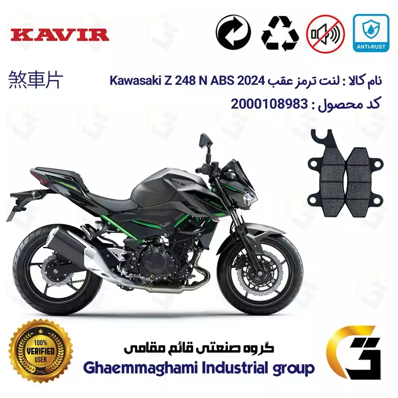 لنت دیسکی ترمز عقب موتور سیکلت کد 1009 مناسب برای کاواساکی (کاوازاکی) زد 250 2024 Kawasaki Z 248 N ABS کویر موتور