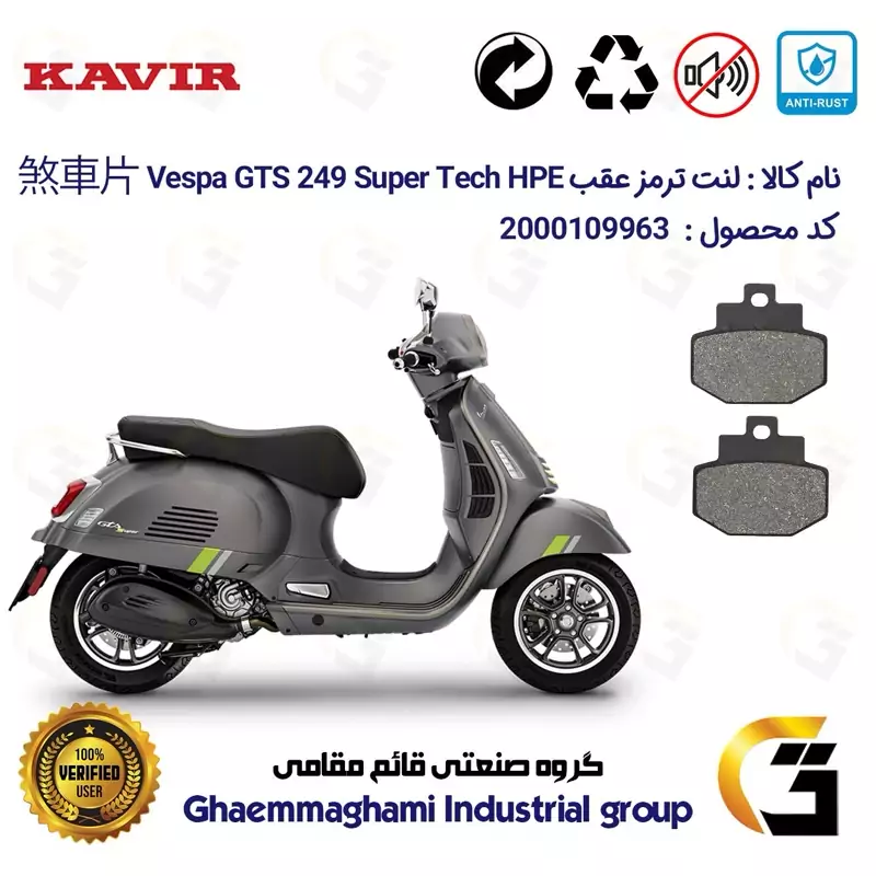 لنت دیسکی ترمز عقب موتور سیکلت کد 1123 مناسب برای پیاجیو وسپا جی تی اس 250(300) Vespa GTS 249 Super Tech HPE کویر موتور