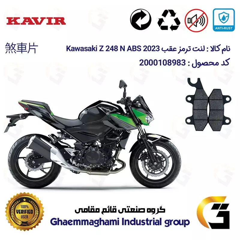 لنت دیسکی ترمز عقب موتور سیکلت کد 1009 مناسب برای کاواساکی (کاوازاکی) زد 250 2023 Kawasaki Z 248 N ABS کویر موتور